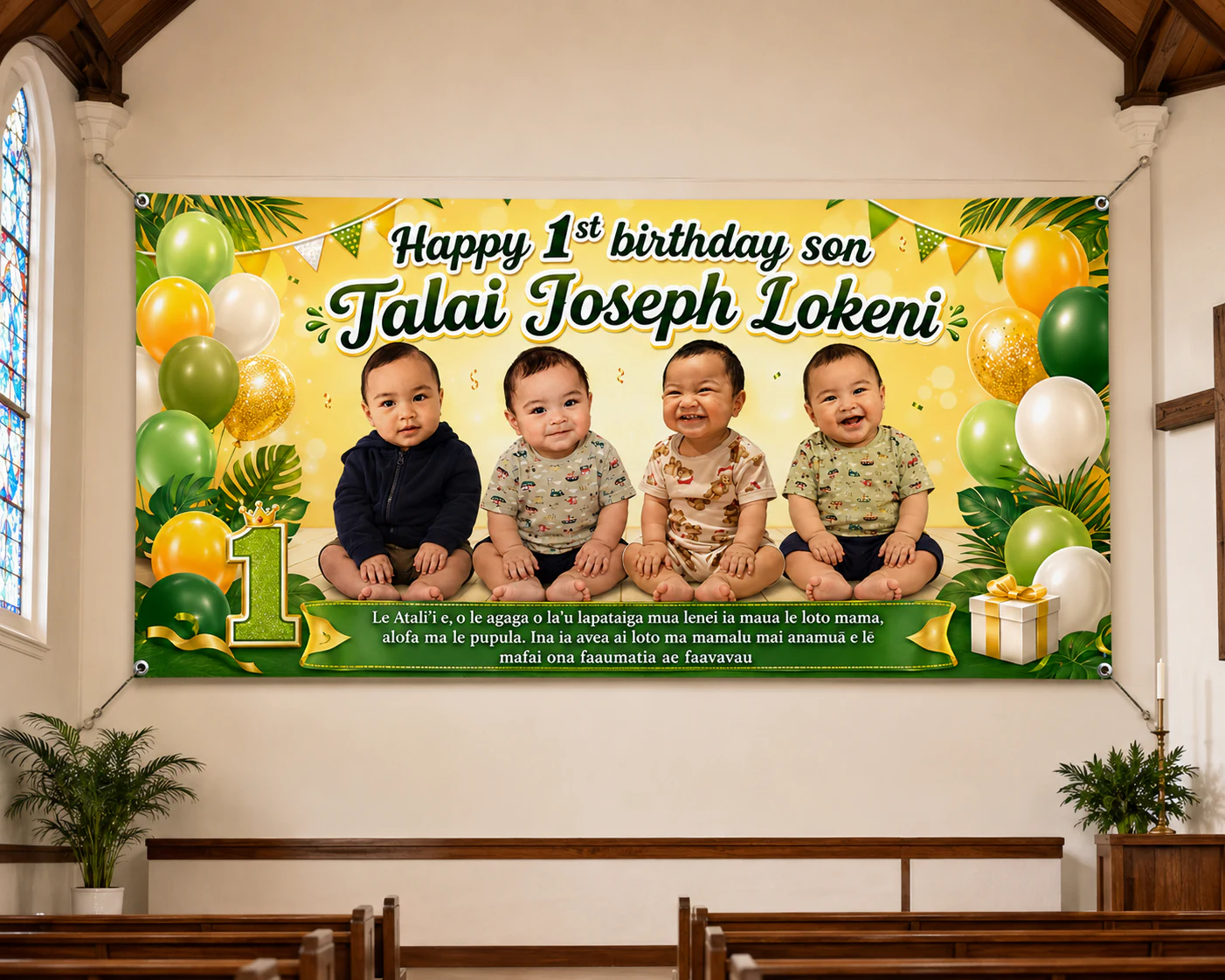 Custom fifth birthday wall banner displayed indoors